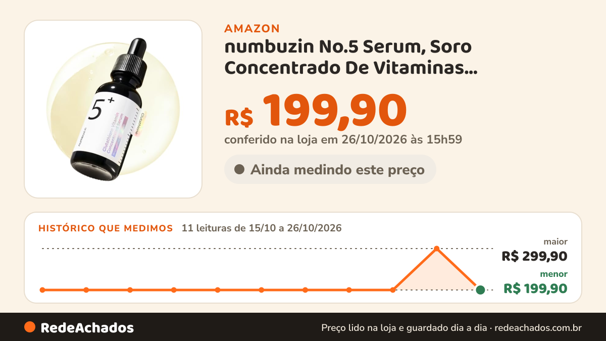Histórico de preço de numbuzin No.5 Serum, Soro Concentrado De Vitaminas, Glutationa, Vitamina C, Ácido… na Amazon: 11 leituras de 15/10/2026 a 26/10/2026, menor R$ 199,90, maior R$ 299,90; R$ 199,90 conferido em 26/10/2026 às 15h59