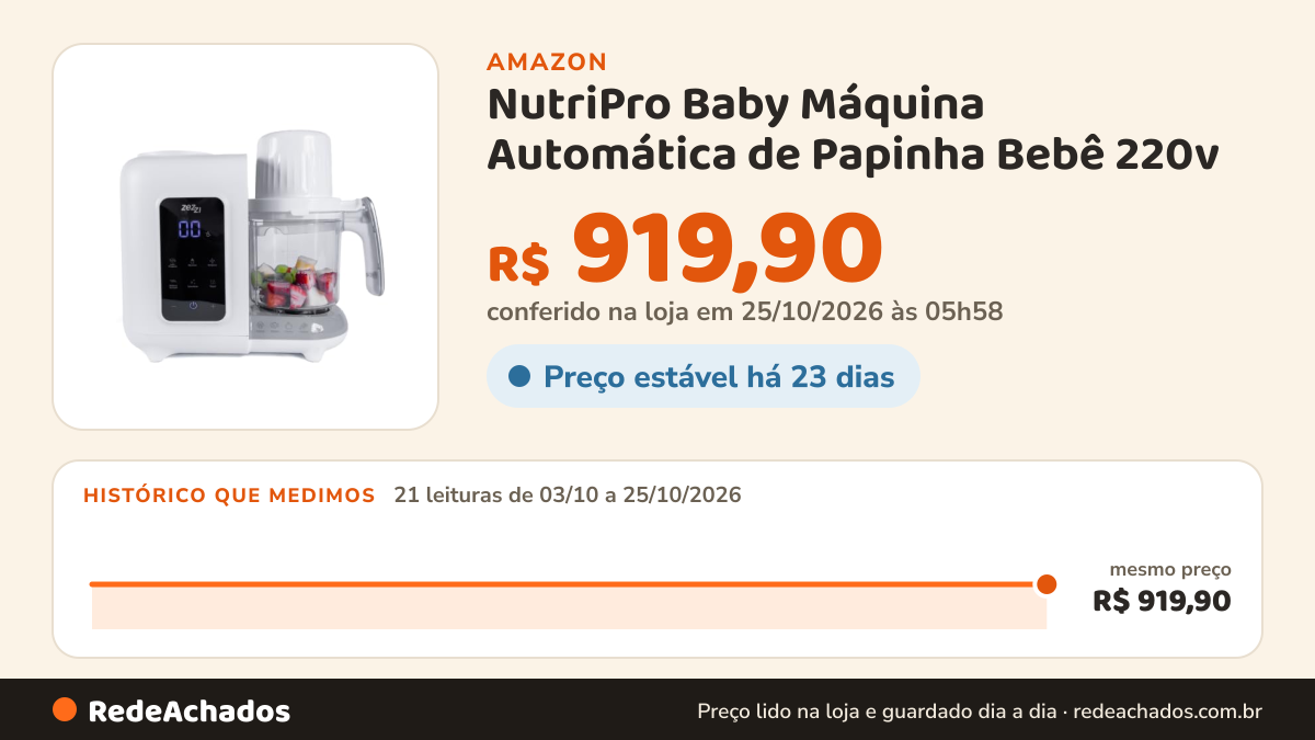 Histórico de preço de NutriPro Baby Máquina Automática de Papinha Bebê 220v - Zezzi na Amazon: 21 leituras de 03/10/2026 a 25/10/2026, mesmo preço, R$ 919,90, em todas; R$ 919,90 conferido em 25/10/2026 às 05h58