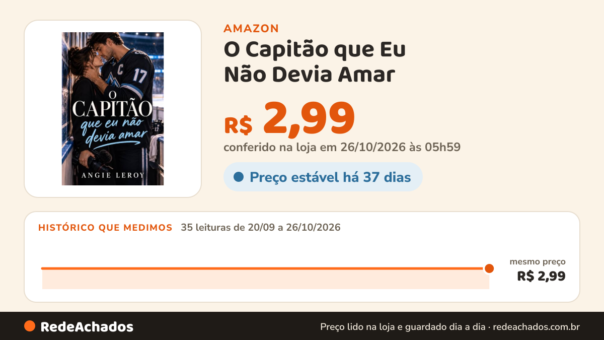 Histórico de preço de O Capitão que Eu Não Devia Amar na Amazon: 35 leituras de 20/09/2026 a 26/10/2026, mesmo preço, R$ 2,99, em todas; R$ 2,99 conferido em 26/10/2026 às 05h59
