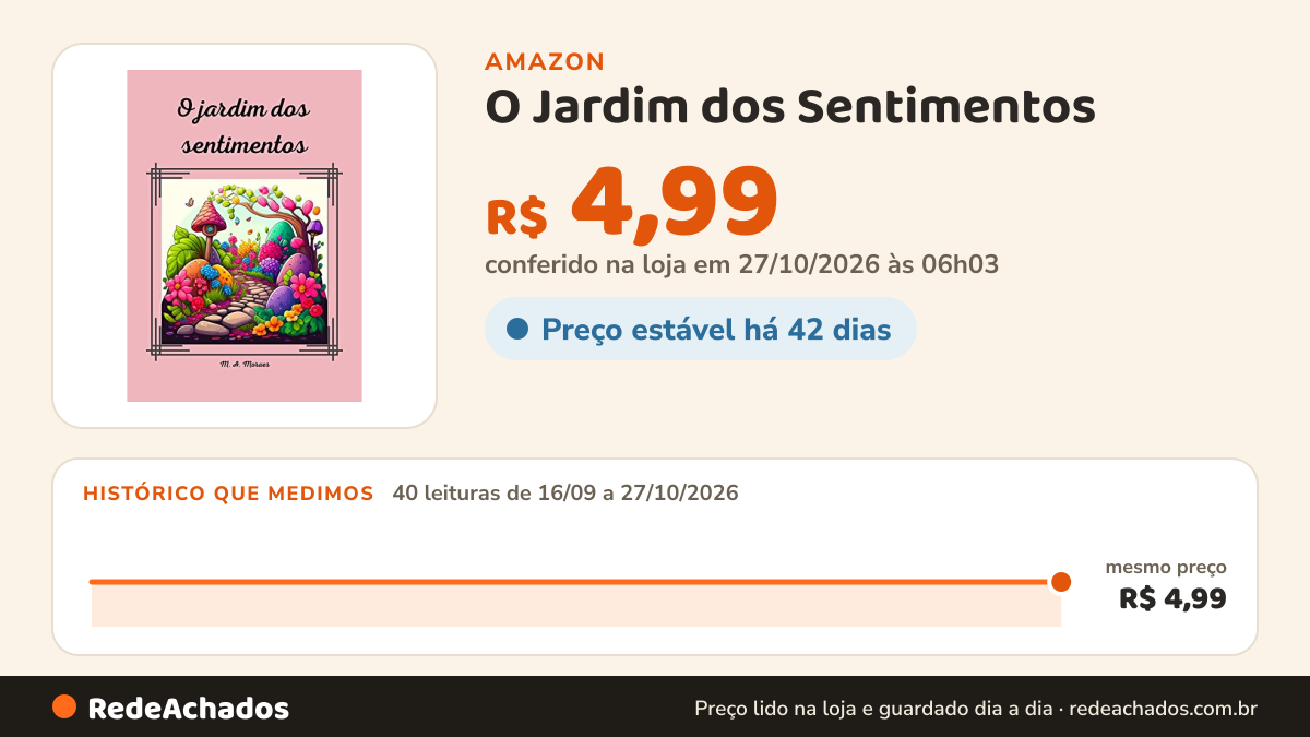 Histórico de preço de O Jardim dos Sentimentos na Amazon: 40 leituras de 16/09/2026 a 27/10/2026, mesmo preço, R$ 4,99, em todas; R$ 4,99 conferido em 27/10/2026 às 06h03