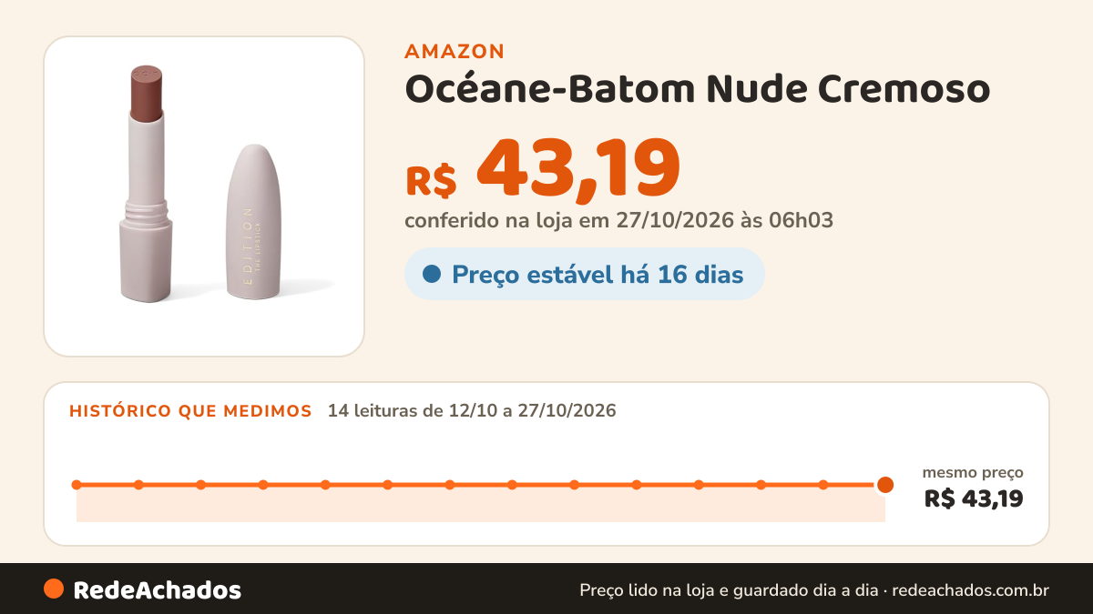 Histórico de preço de Océane-Batom Nude Cremoso – The Lipstick Bellini Océane Edition 3,2g na Amazon: 14 leituras de 12/10/2026 a 27/10/2026, mesmo preço, R$ 43,19, em todas; R$ 43,19 conferido em 27/10/2026 às 06h03