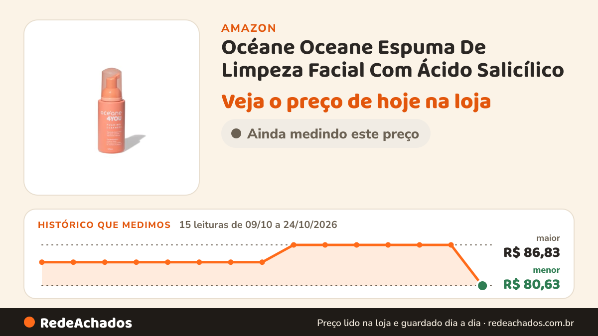 Histórico de preço de Océane Oceane Espuma De Limpeza Facial Com Ácido Salicílico - Foaming Cleanser 4You 100Ml na Amazon: 15 leituras de 09/10/2026 a 24/10/2026, menor R$ 80,63, maior R$ 86,83