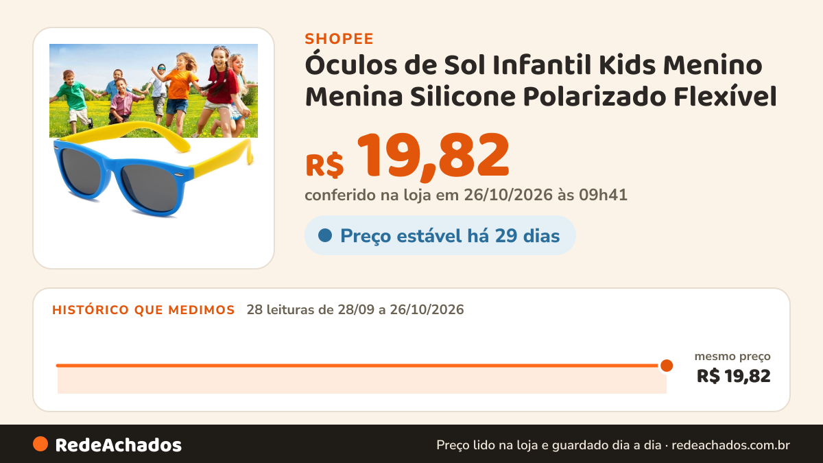 Histórico de preço de Óculos de Sol Infantil Kids Menino Menina Silicone Polarizado Flexível na Shopee: 28 leituras de 28/09/2026 a 26/10/2026, mesmo preço, R$ 19,82, em todas; R$ 19,82 conferido em 26/10/2026 às 09h41