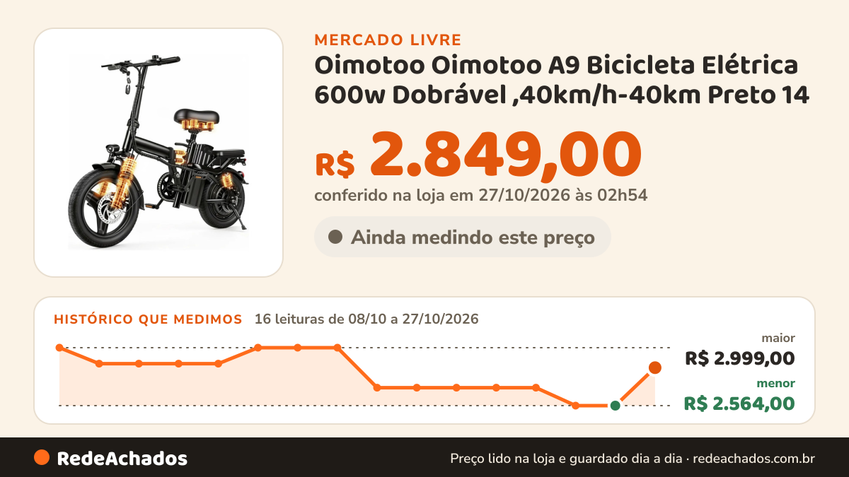 Histórico de preço de Oimotoo Oimotoo A9 Bicicleta Elétrica 600w Dobrável ,40km/h-40km Preto 14 no Mercado Livre: 16 leituras de 08/10/2026 a 27/10/2026, menor R$ 2.564,00, maior R$ 2.999,00; R$ 2.849,00 conferido em 27/10/2026 às 02h54