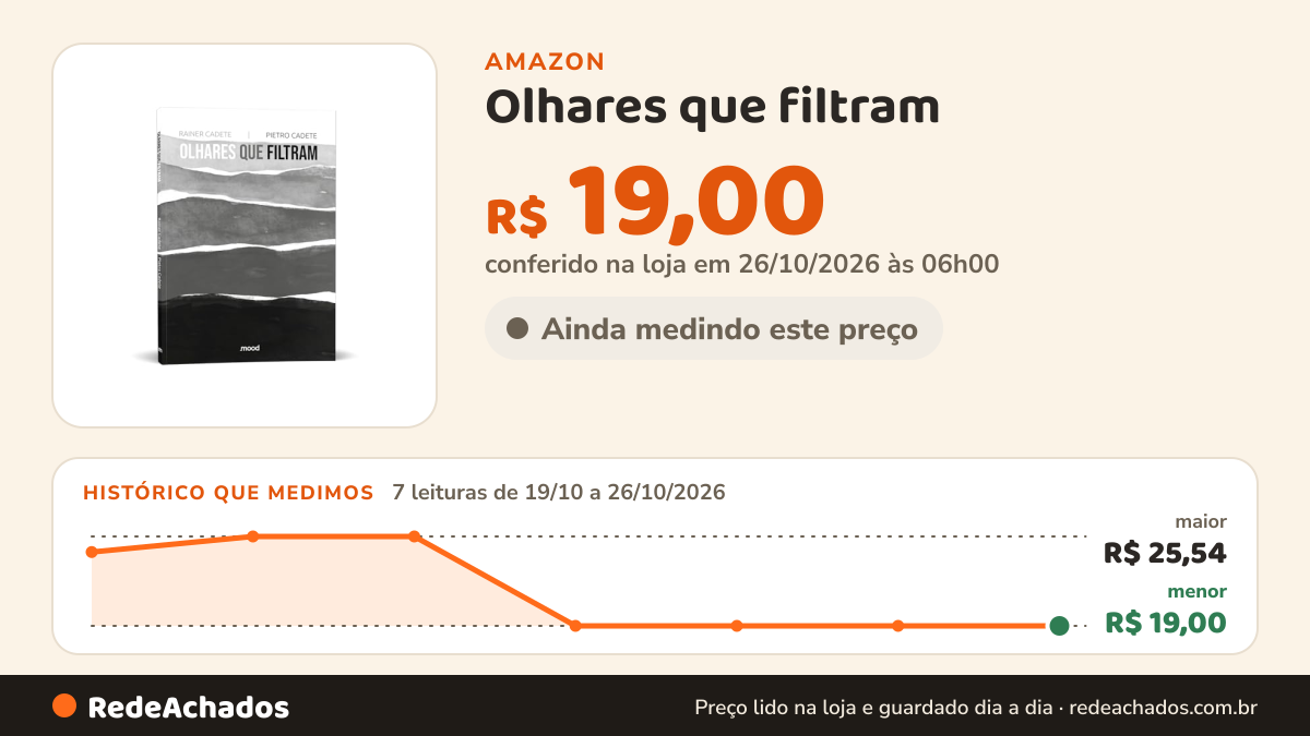 Histórico de preço de Olhares que filtram na Amazon: 7 leituras de 19/10/2026 a 26/10/2026, menor R$ 19,00, maior R$ 25,54; R$ 19,00 conferido em 26/10/2026 às 06h00