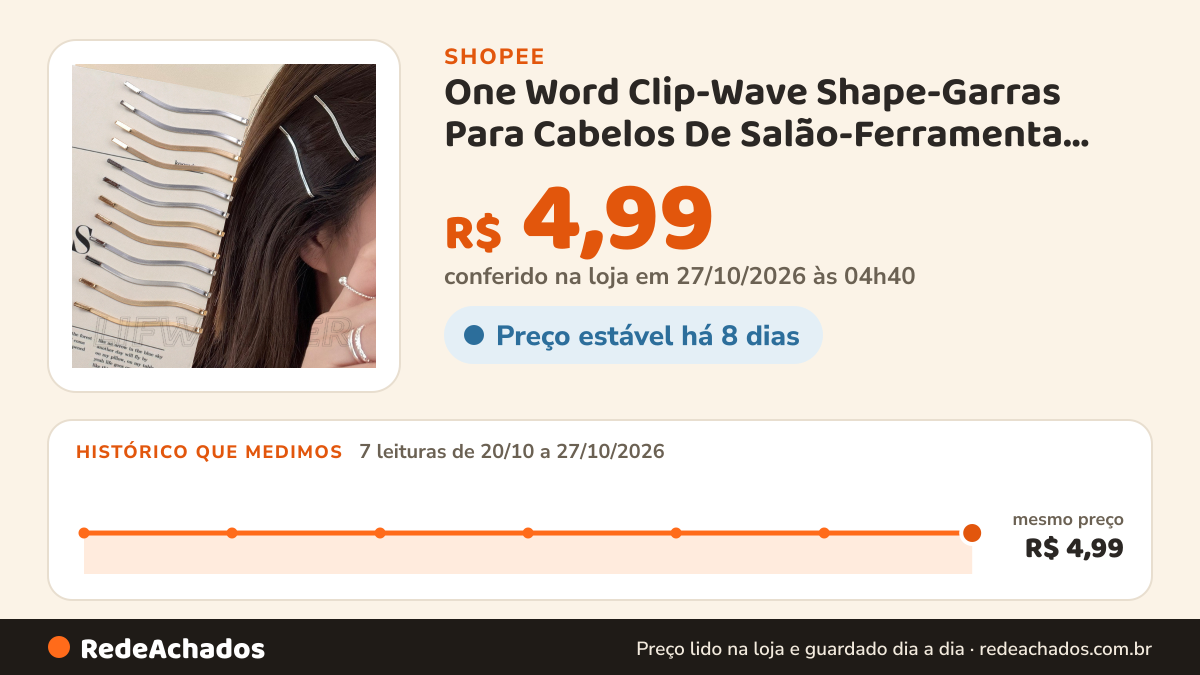 Histórico de preço de One Word Clip-Wave Shape-Garras Para Cabelos De Salão-Ferramenta Penteados De… na Shopee: 7 leituras de 20/10/2026 a 27/10/2026, mesmo preço, R$ 4,99, em todas; R$ 4,99 conferido em 27/10/2026 às 04h40