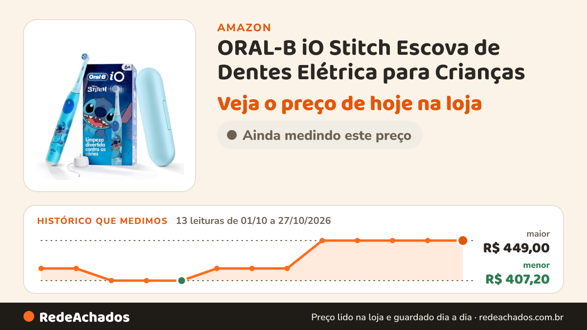 Histórico de preço de ORAL-B iO Stitch Escova de Dentes Elétrica para Crianças (+6 Anos) na Amazon: 12 leituras de 01/10/2026 a 25/10/2026, menor R$ 407,20, maior R$ 449,00