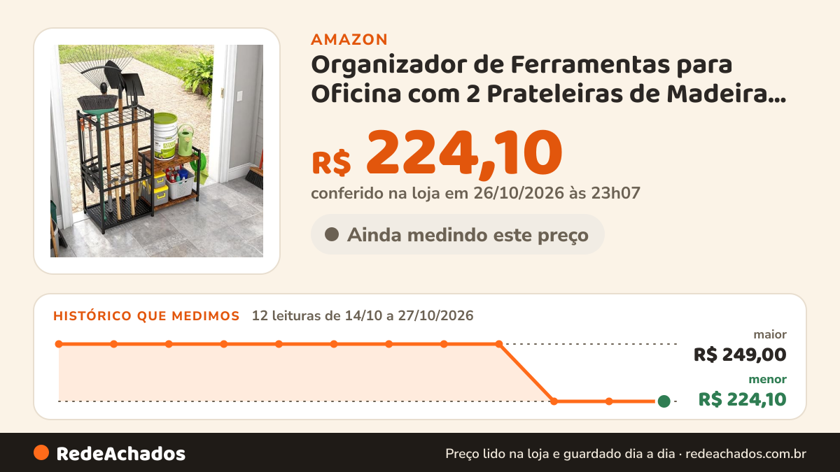 Histórico de preço de Organizador de Ferramentas para Oficina com 2 Prateleiras de Madeira e 6 Ganchos, Suporte… na Amazon: 12 leituras de 14/10/2026 a 27/10/2026, menor R$ 224,10, maior R$ 249,00; R$ 224,10 conferido em 26/10/2026 às 23h07