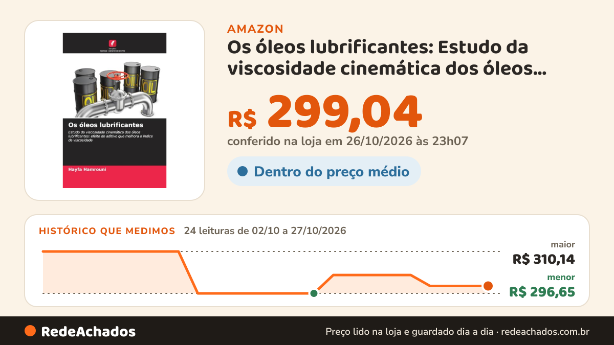 Histórico de preço de Os óleos lubrificantes: Estudo da viscosidade cinemática dos óleos lubrificantes: efeito… na Amazon: 24 leituras de 02/10/2026 a 27/10/2026, menor R$ 296,65, maior R$ 310,14; R$ 299,04 conferido em 26/10/2026 às 23h07