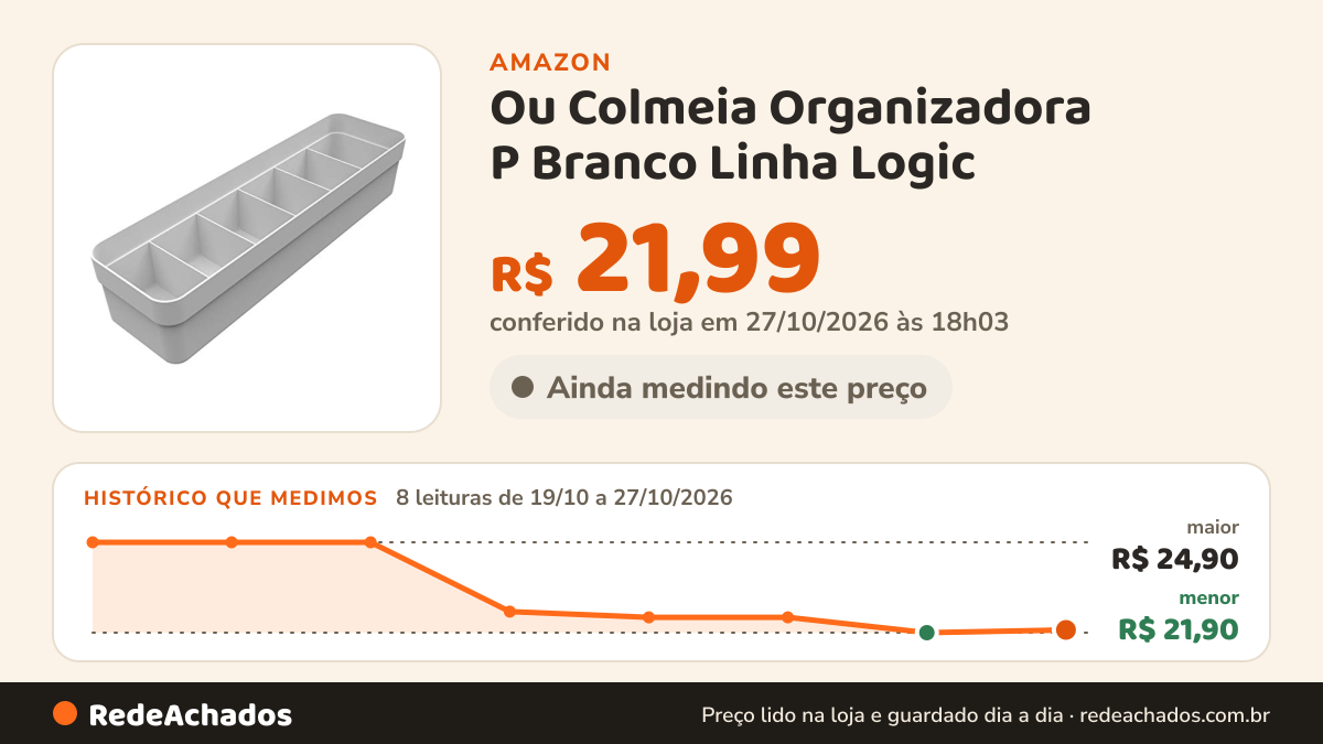 Histórico de preço de Ou Colmeia Organizadora P Branco Linha Logic na Amazon: 7 leituras de 19/10/2026 a 26/10/2026, menor R$ 21,90, maior R$ 24,90; R$ 21,90 conferido em 26/10/2026 às 11h59
