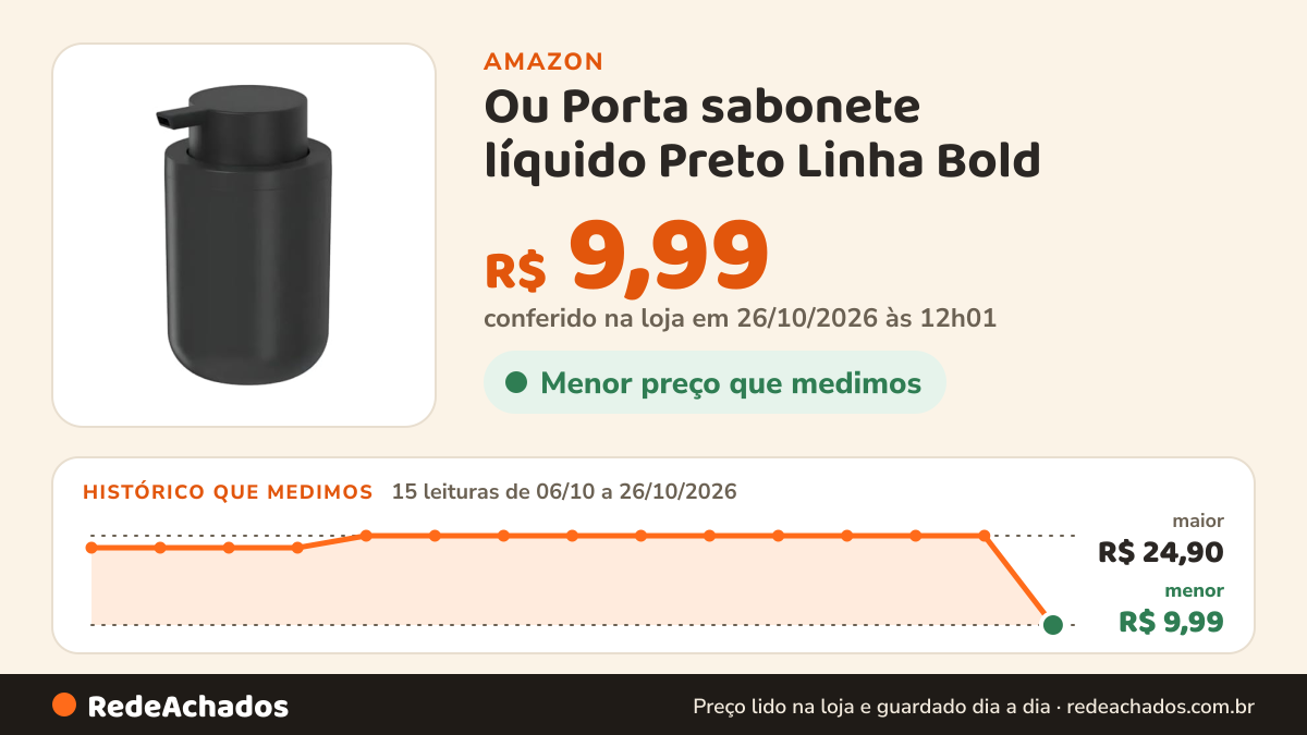 Histórico de preço de Ou Porta sabonete líquido Preto Linha Bold na Amazon: 15 leituras de 06/10/2026 a 25/10/2026, menor R$ 9,99, maior R$ 24,90; R$ 9,99 conferido em 25/10/2026 às 05h58