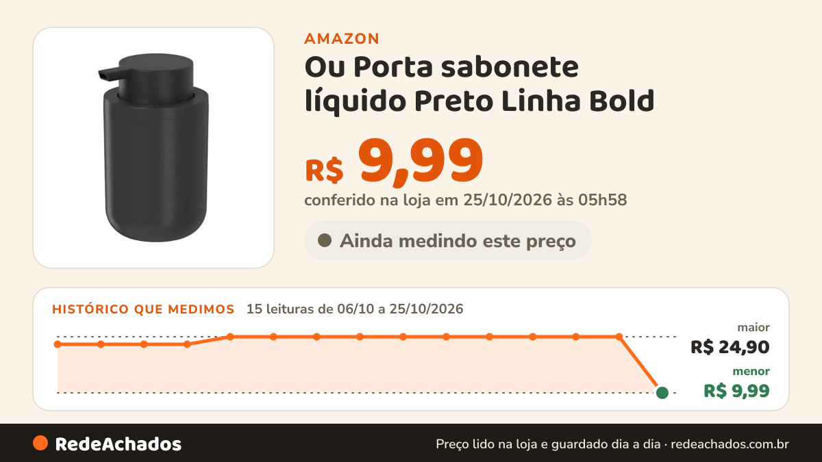 Histórico de preço de Ou Porta sabonete líquido Preto Linha Bold na Amazon: 15 leituras de 06/10/2026 a 25/10/2026, menor R$ 9,99, maior R$ 24,90; R$ 9,99 conferido em 25/10/2026 às 05h58