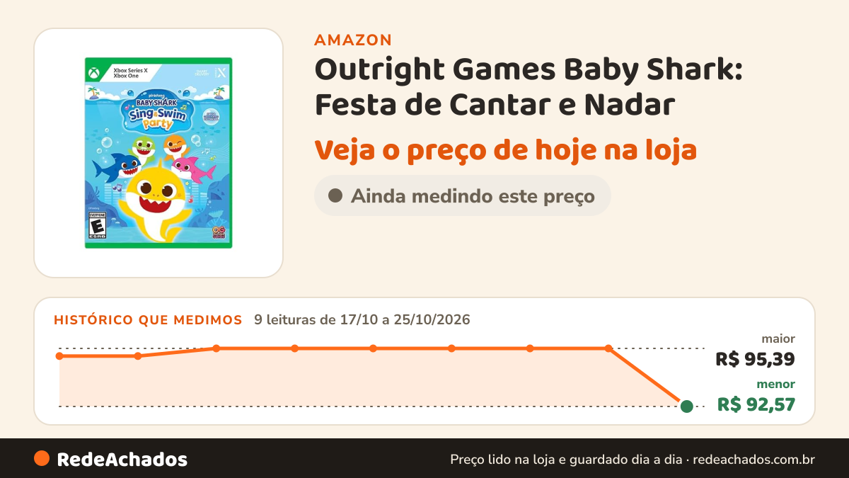 Histórico de preço de Outright Games Baby Shark: Festa de Cantar e Nadar - Xbox Series X na Amazon: 9 leituras de 17/10/2026 a 25/10/2026, menor R$ 92,57, maior R$ 95,39