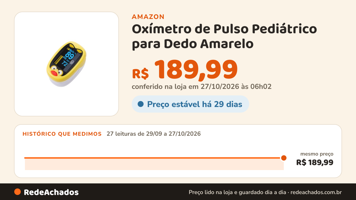 Histórico de preço de Oxímetro de Pulso Pediátrico para Dedo Amarelo - Para Enfermagem e Medicina na Amazon: 27 leituras de 29/09/2026 a 27/10/2026, mesmo preço, R$ 189,99, em todas; R$ 189,99 conferido em 27/10/2026 às 06h02