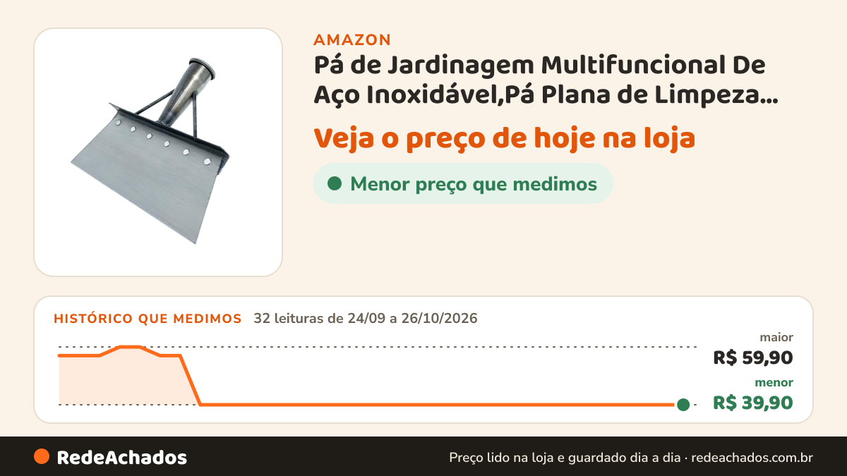 Histórico de preço de Pá de Jardinagem Multifuncional De Aço Inoxidável,Pá Plana de Limpeza Pesada Sem o Cabo. na Amazon: 32 leituras de 24/09/2026 a 26/10/2026, menor R$ 39,90, maior R$ 59,90