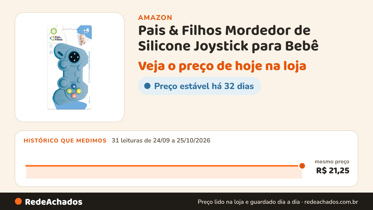Histórico de preço de Pais & Filhos Mordedor de Silicone Joystick para Bebê – Sensorial e Dentição | +4 Meses na Amazon: 31 leituras de 24/09/2026 a 25/10/2026, mesmo preço, R$ 21,25, em todas