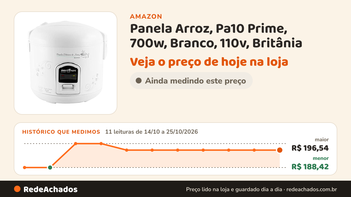 Histórico de preço de Panela Arroz, Pa10 Prime, 700w, Branco, 110v, Britânia na Amazon: 11 leituras de 14/10/2026 a 25/10/2026, menor R$ 188,42, maior R$ 196,54