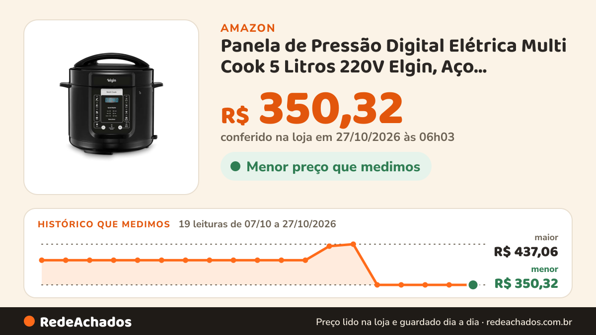 Histórico de preço de Panela de Pressão Digital Elétrica Multi Cook 5 Litros 220V Elgin, Aço inoxidável… na Amazon: 18 leituras de 07/10/2026 a 25/10/2026, menor R$ 350,32, maior R$ 437,06