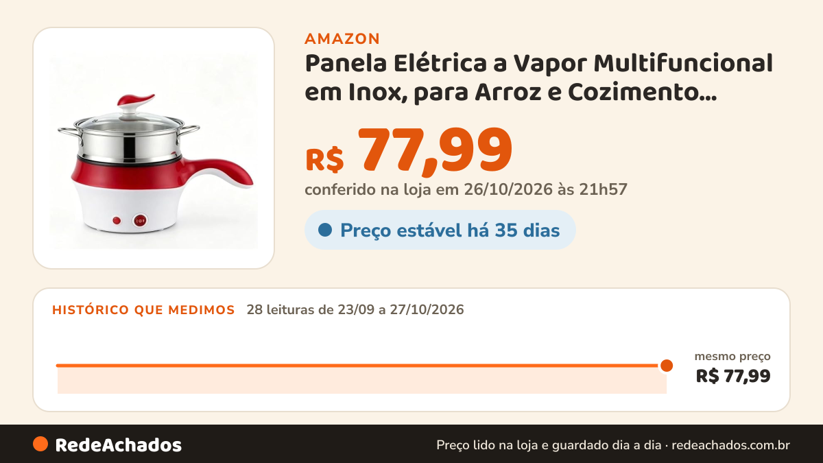 Histórico de preço de Panela Elétrica a Vapor Multifuncional em Inox, para Arroz e Cozimento Rápido (220Volts) na Amazon: 28 leituras de 23/09/2026 a 27/10/2026, mesmo preço, R$ 77,99, em todas; R$ 77,99 conferido em 26/10/2026 às 21h57