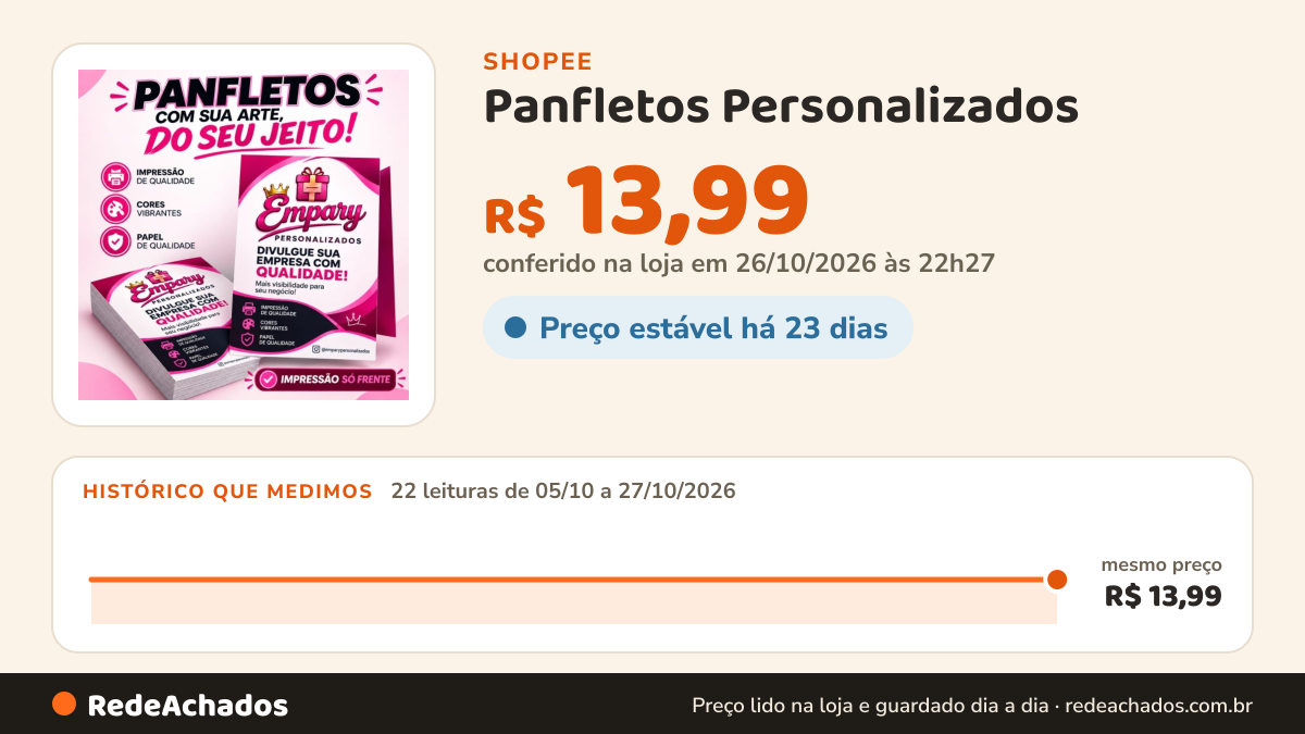 Histórico de preço de Panfletos Personalizados | Destaque Sua Marca | Impressão em Alta Definição | Produção… na Shopee: 22 leituras de 05/10/2026 a 27/10/2026, mesmo preço, R$ 13,99, em todas; R$ 13,99 conferido em 26/10/2026 às 22h27