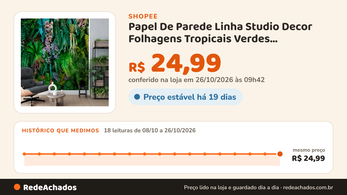 Histórico de preço de Papel De Parede Linha Studio Decor Folhagens Tropicais Verdes Exuberantes Natureza… na Shopee: 18 leituras de 08/10/2026 a 26/10/2026, mesmo preço, R$ 24,99, em todas; R$ 24,99 conferido em 26/10/2026 às 09h42