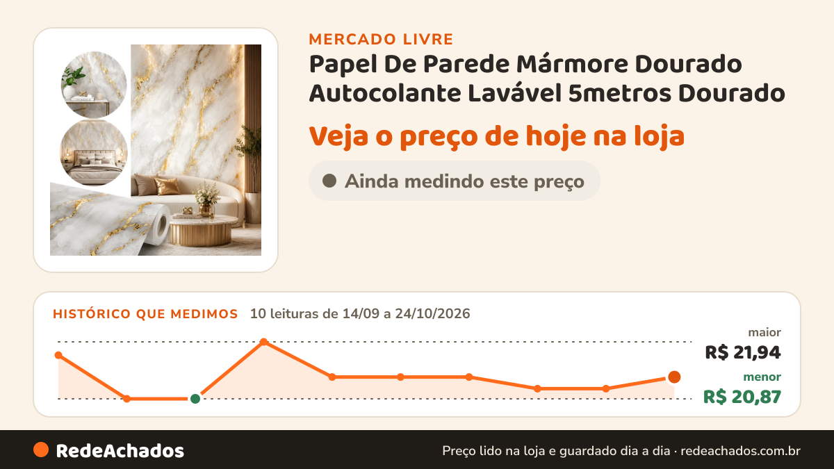 Histórico de preço de Papel De Parede Mármore Dourado Autocolante Lavável 5metros Dourado no Mercado Livre: 10 leituras de 14/09/2026 a 24/10/2026, menor R$ 20,87, maior R$ 21,94