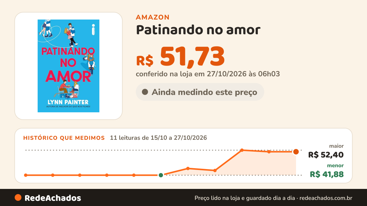 Histórico de preço de Patinando no amor na Amazon: 11 leituras de 15/10/2026 a 27/10/2026, menor R$ 41,88, maior R$ 52,40; R$ 51,73 conferido em 27/10/2026 às 06h03