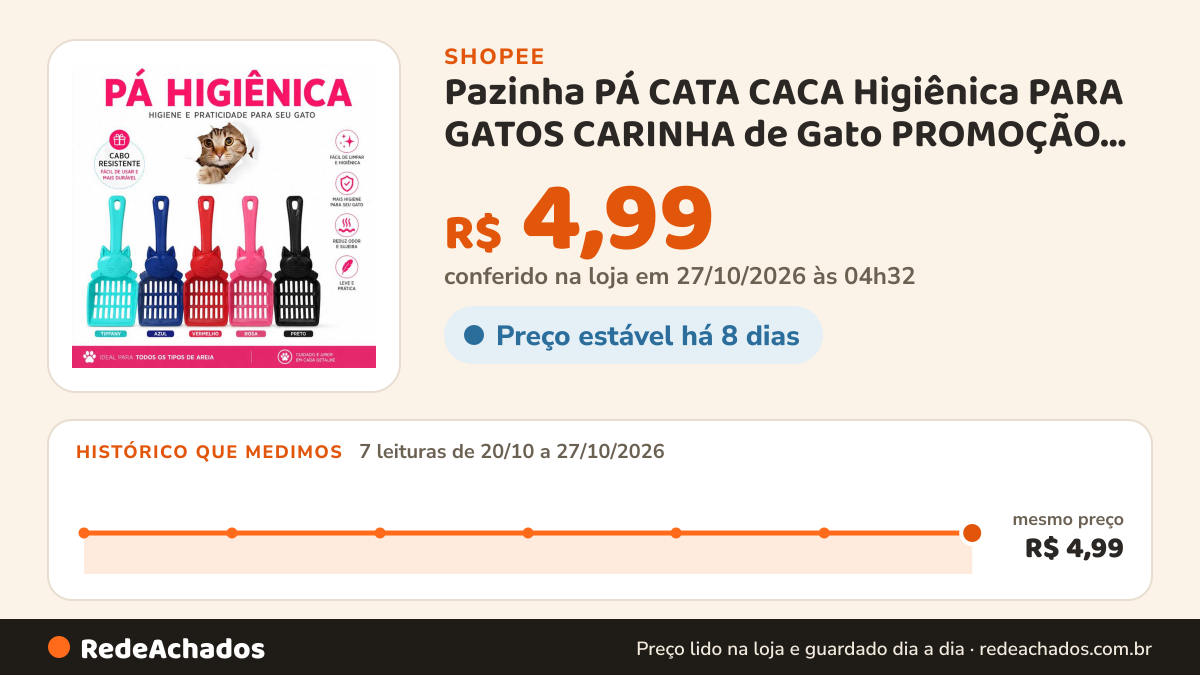 Histórico de preço de Pazinha PÁ CATA CACA Higiênica PARA GATOS CARINHA de Gato PROMOÇÃO ENVIO IMEDIATO na Shopee: 7 leituras de 20/10/2026 a 27/10/2026, mesmo preço, R$ 4,99, em todas; R$ 4,99 conferido em 27/10/2026 às 04h32