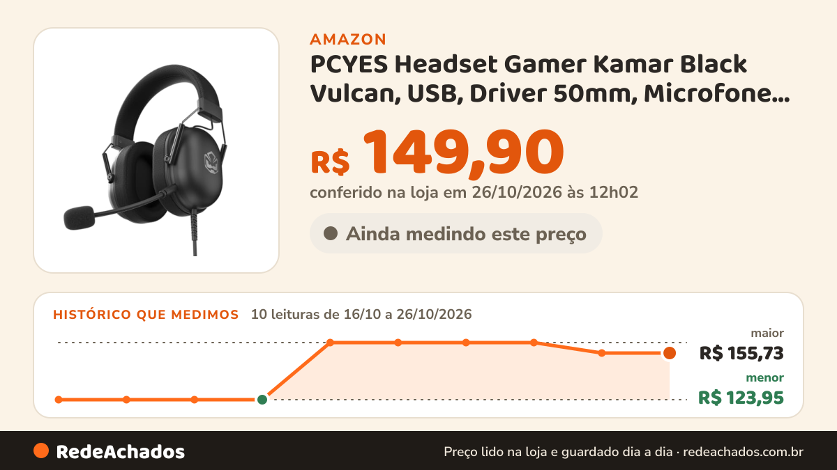 Histórico de preço de PCYES Headset Gamer Kamar Black Vulcan, USB, Driver 50mm, Microfone Destacável - HGKM50BV na Amazon: 10 leituras de 16/10/2026 a 26/10/2026, menor R$ 123,95, maior R$ 155,73; R$ 149,90 conferido em 26/10/2026 às 12h02