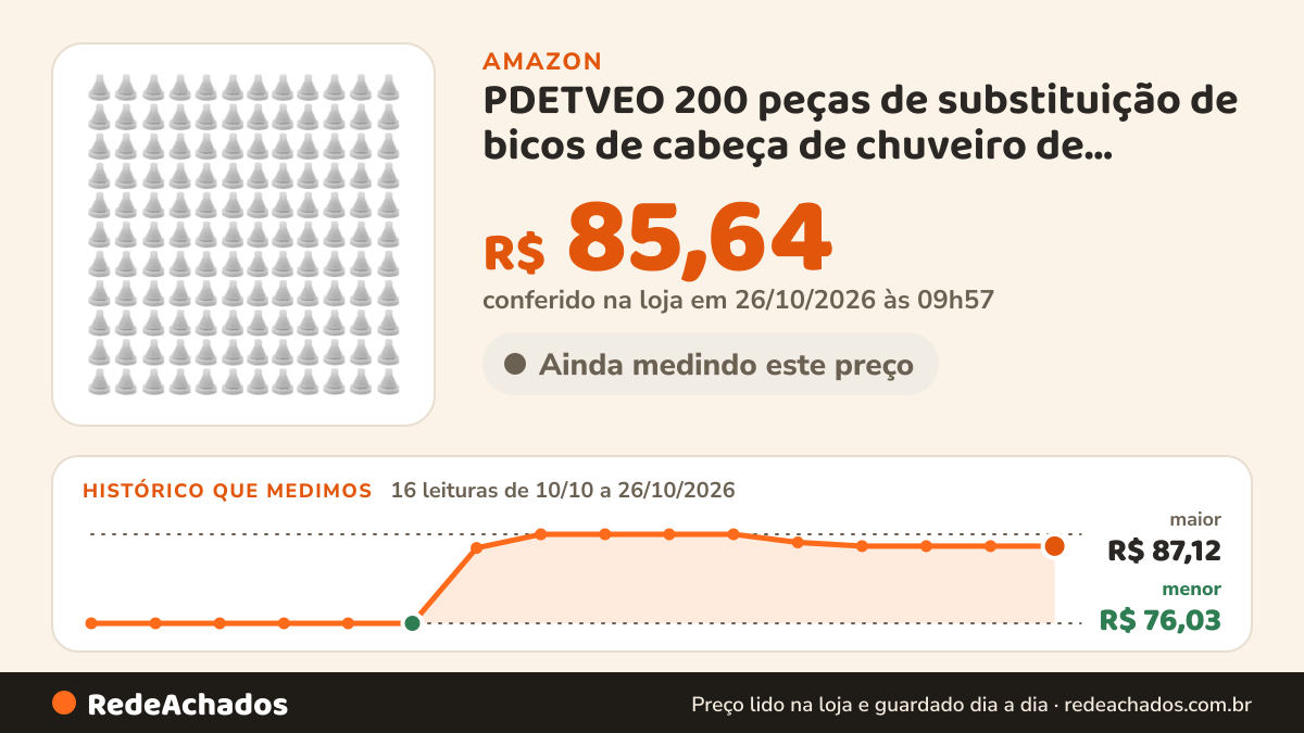 Histórico de preço de PDETVEO 200 peças de substituição de bicos de cabeça de chuveiro de silicone kit de peças… na Amazon: 16 leituras de 10/10/2026 a 26/10/2026, menor R$ 76,03, maior R$ 87,12; R$ 85,64 conferido em 26/10/2026 às 09h57
