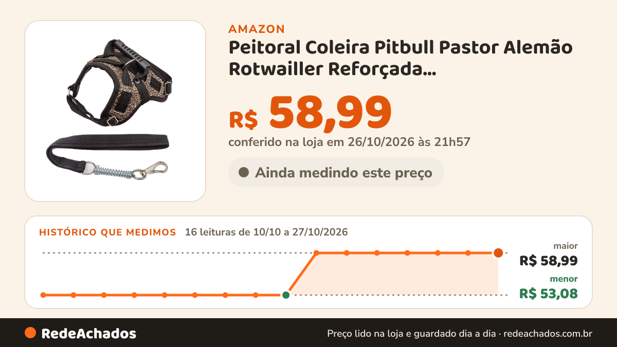 Histórico de preço de Peitoral Coleira Pitbull Pastor Alemão Rotwailler Reforçada Couro(ONCINHA,G) na Amazon: 16 leituras de 10/10/2026 a 27/10/2026, menor R$ 53,08, maior R$ 58,99; R$ 58,99 conferido em 26/10/2026 às 21h57