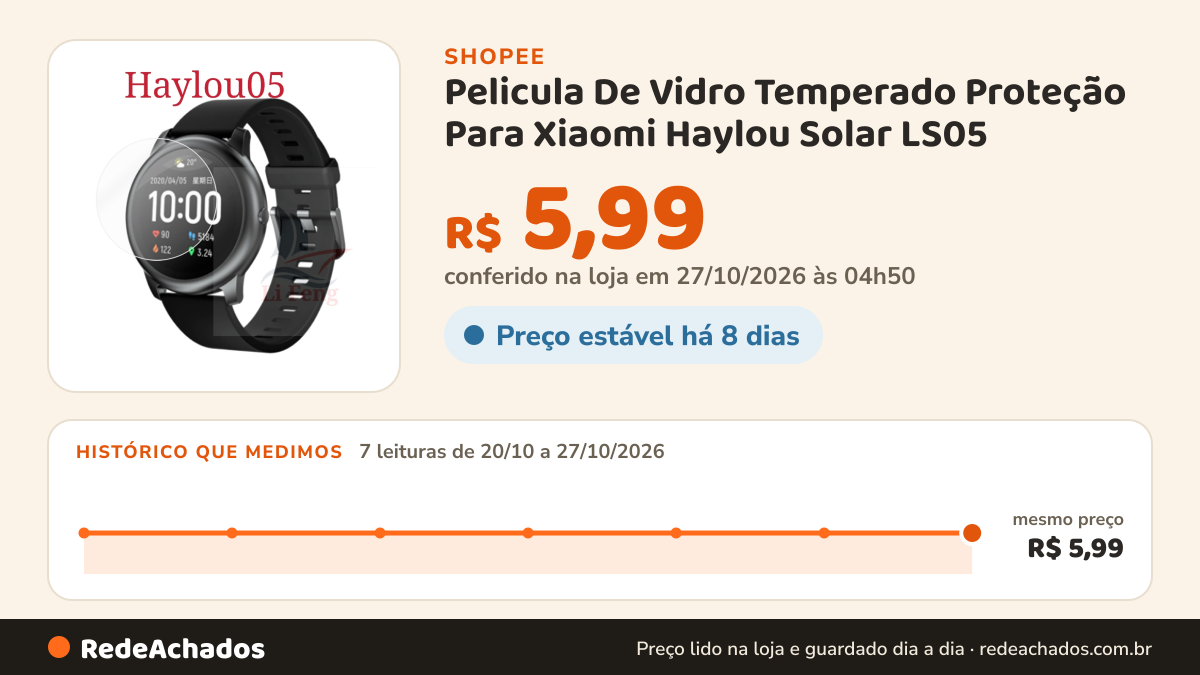 Histórico de preço de Pelicula De Vidro Temperado Proteção Para Xiaomi Haylou Solar LS05 na Shopee: 7 leituras de 20/10/2026 a 27/10/2026, mesmo preço, R$ 5,99, em todas; R$ 5,99 conferido em 27/10/2026 às 04h50