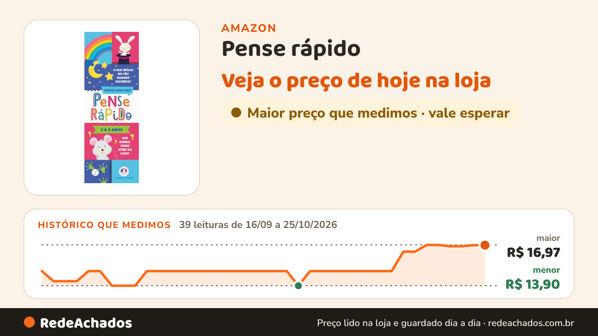 Histórico de preço de Pense rápido - 3 a 4 anos na Amazon: 39 leituras de 16/09/2026 a 25/10/2026, menor R$ 13,90, maior R$ 16,97