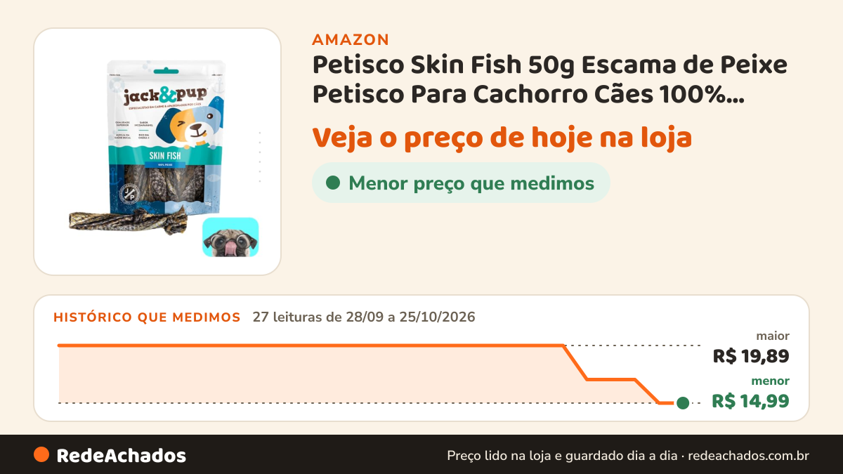 Histórico de preço de Petisco Skin Fish 50g Escama de Peixe Petisco Para Cachorro Cães 100% Natural Saboroso… na Amazon: 27 leituras de 28/09/2026 a 25/10/2026, menor R$ 14,99, maior R$ 19,89