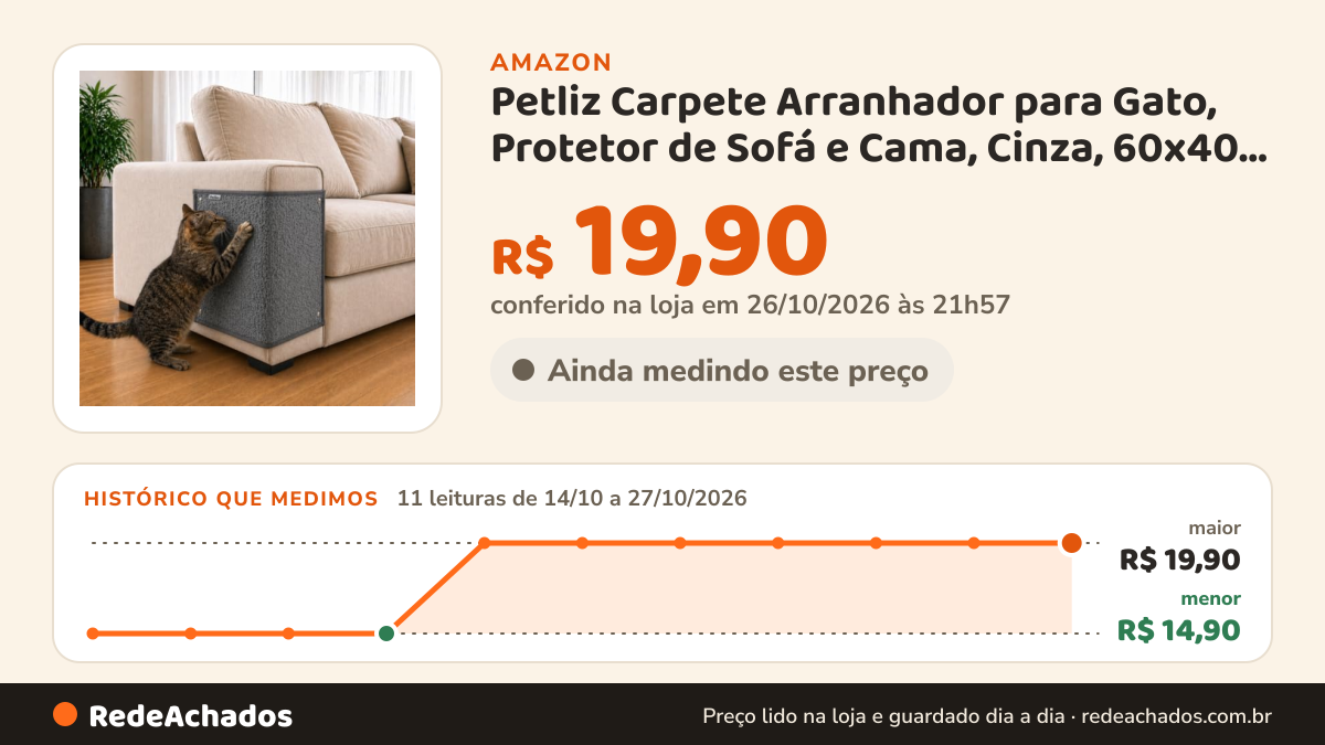 Histórico de preço de Petliz Carpete Arranhador para Gato, Protetor de Sofá e Cama, Cinza, 60x40 cm, com 6… na Amazon: 11 leituras de 14/10/2026 a 27/10/2026, menor R$ 14,90, maior R$ 19,90; R$ 19,90 conferido em 26/10/2026 às 21h57