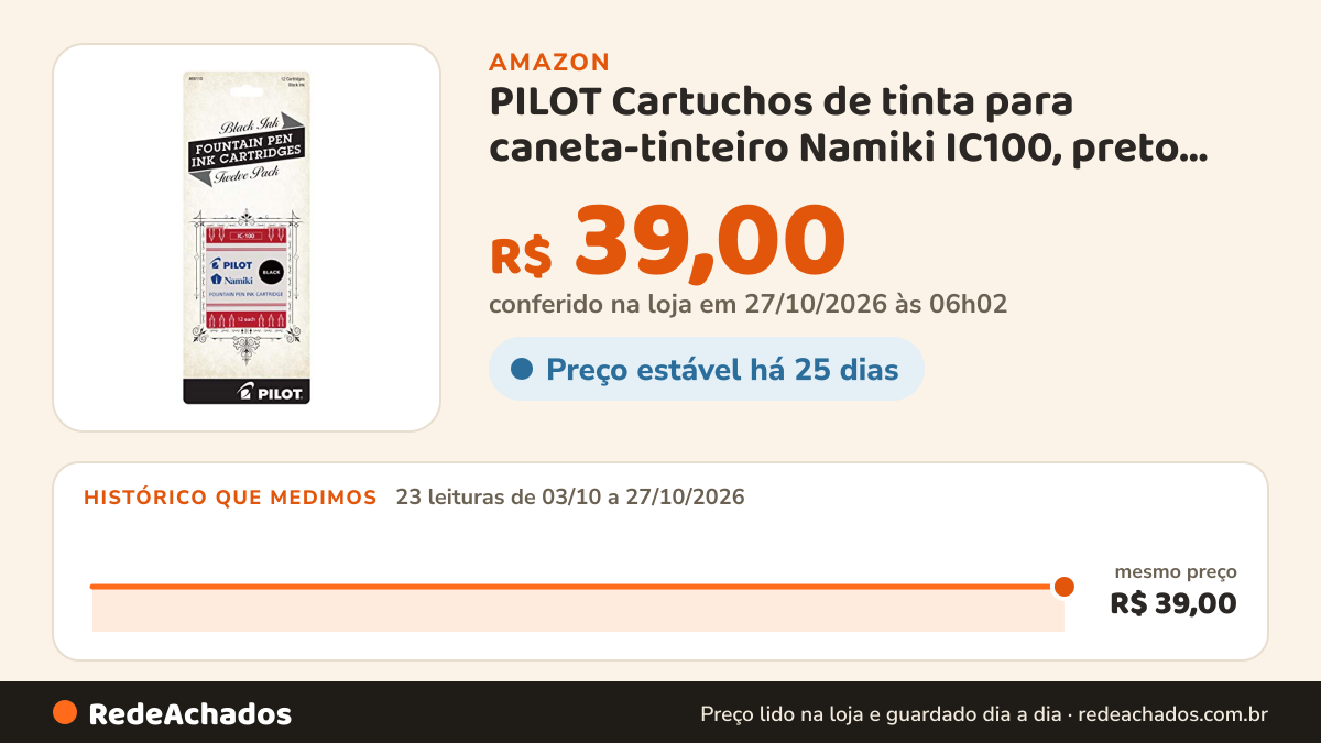 Histórico de preço de PILOT Cartuchos de tinta para caneta-tinteiro Namiki IC100, preto, pacote com 12 (69110) na Amazon: 22 leituras de 03/10/2026 a 25/10/2026, mesmo preço, R$ 39,00, em todas