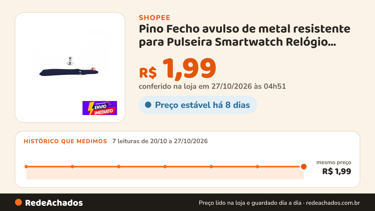Histórico de preço de Pino Fecho avulso de metal resistente para Pulseira Smartwatch Relógio Inteligente D20… na Shopee: 7 leituras de 20/10/2026 a 27/10/2026, mesmo preço, R$ 1,99, em todas; R$ 1,99 conferido em 27/10/2026 às 04h51