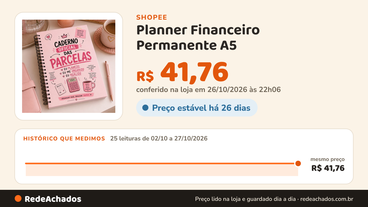 Histórico de preço de Planner Financeiro Permanente A5 | Organize Suas Contas e Parcelas na Shopee: 25 leituras de 02/10/2026 a 27/10/2026, mesmo preço, R$ 41,76, em todas; R$ 41,76 conferido em 26/10/2026 às 22h06