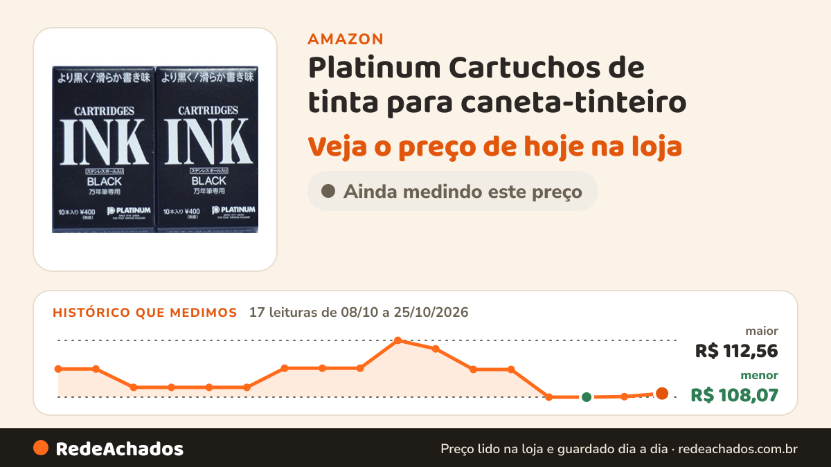 Histórico de preço de Platinum Cartuchos de tinta para caneta-tinteiro (preto) 10 cartuchos × 2 pacotes… na Amazon: 17 leituras de 08/10/2026 a 25/10/2026, menor R$ 108,07, maior R$ 112,56