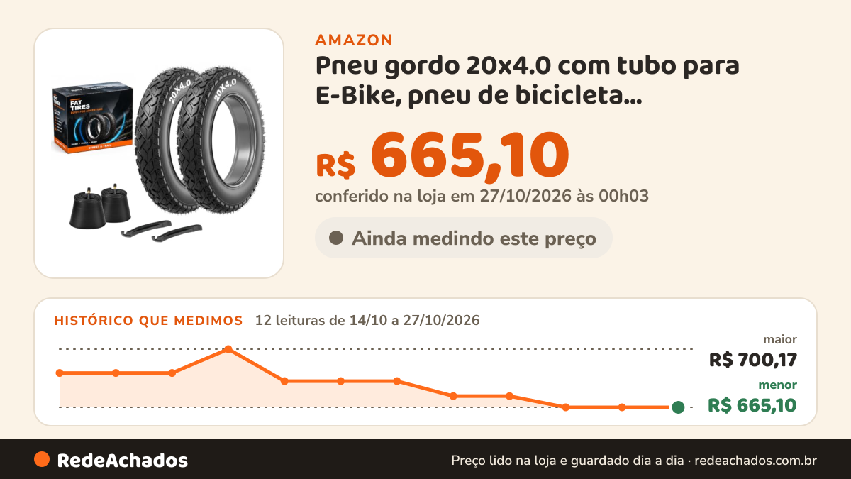 Histórico de preço de Pneu gordo 20x4.0 com tubo para E-Bike, pneu de bicicleta todo-o-terreno de na Amazon: 12 leituras de 14/10/2026 a 27/10/2026, menor R$ 665,10, maior R$ 700,17; R$ 665,10 conferido em 27/10/2026 às 00h03