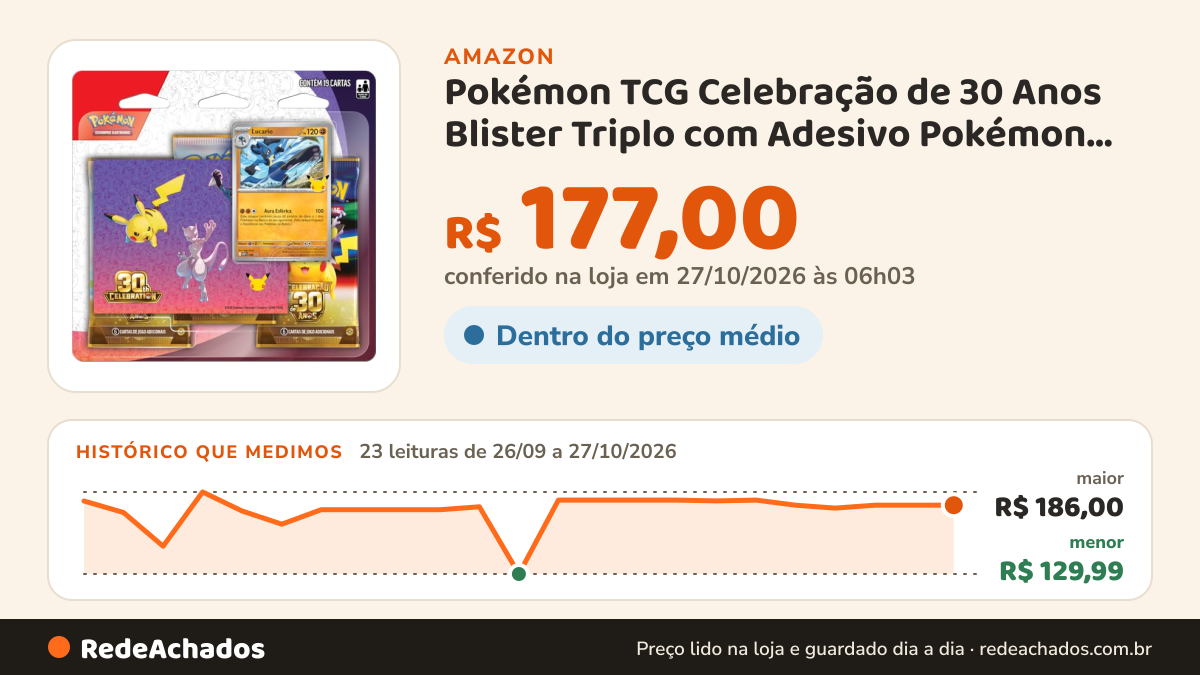 Histórico de preço de Pokémon TCG Celebração de 30 Anos Blister Triplo com Adesivo Pokémon Lucario. na Amazon: 22 leituras de 26/09/2026 a 25/10/2026, menor R$ 129,99, maior R$ 186,00