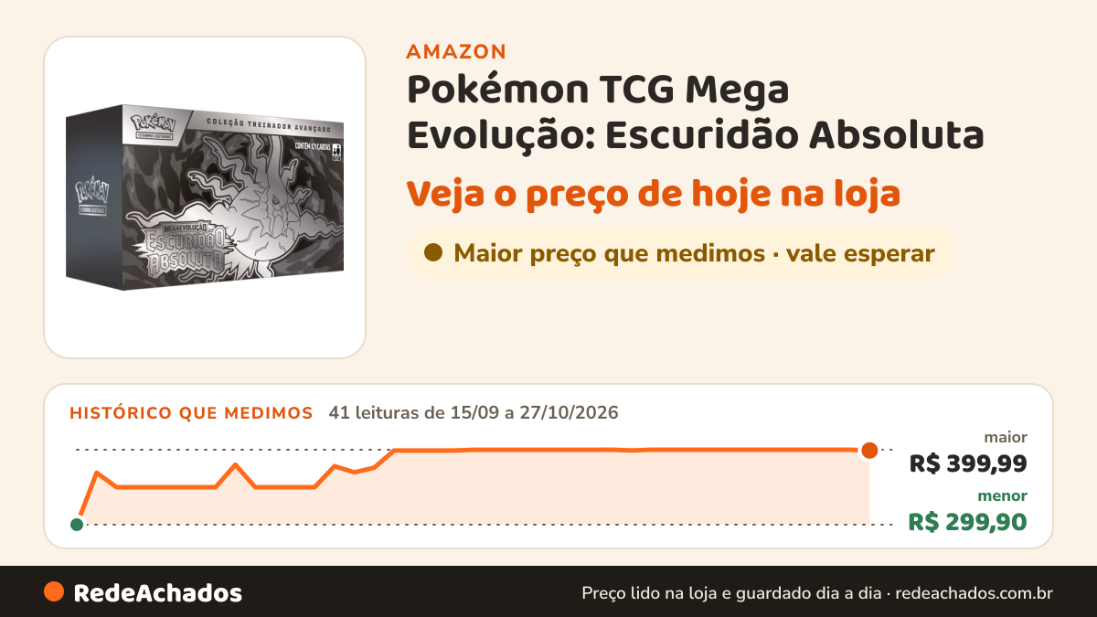 Histórico de preço de Pokémon TCG Mega Evolução: Escuridão Absoluta - Advanced Trainer Box (Português). na Amazon: 41 leituras de 15/09/2026 a 27/10/2026, menor R$ 299,90, maior R$ 399,99; R$ 398,99 conferido em 27/10/2026 às 06h02