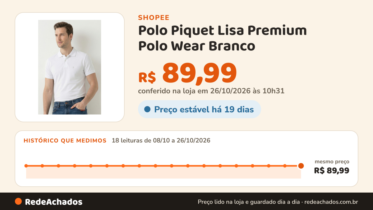 Histórico de preço de Polo Piquet Lisa Premium Polo Wear Branco na Shopee: 17 leituras de 08/10/2026 a 25/10/2026, mesmo preço, R$ 89,99, em todas; R$ 89,99 conferido em 25/10/2026 às 09h15