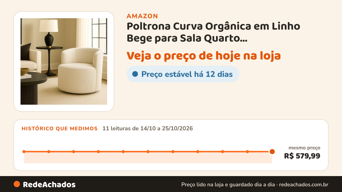 Histórico de preço de Poltrona Curva Orgânica em Linho Bege para Sala Quarto Recepção(Boucle Off White) na Amazon: 11 leituras de 14/10/2026 a 25/10/2026, mesmo preço, R$ 579,99, em todas