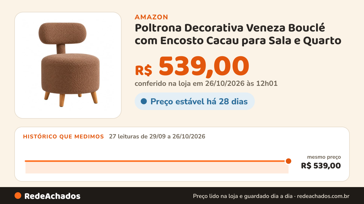 Histórico de preço de Poltrona Decorativa Veneza Bouclé com Encosto Cacau para Sala e Quarto na Amazon: 27 leituras de 29/09/2026 a 26/10/2026, mesmo preço, R$ 539,00, em todas; R$ 539,00 conferido em 26/10/2026 às 12h01