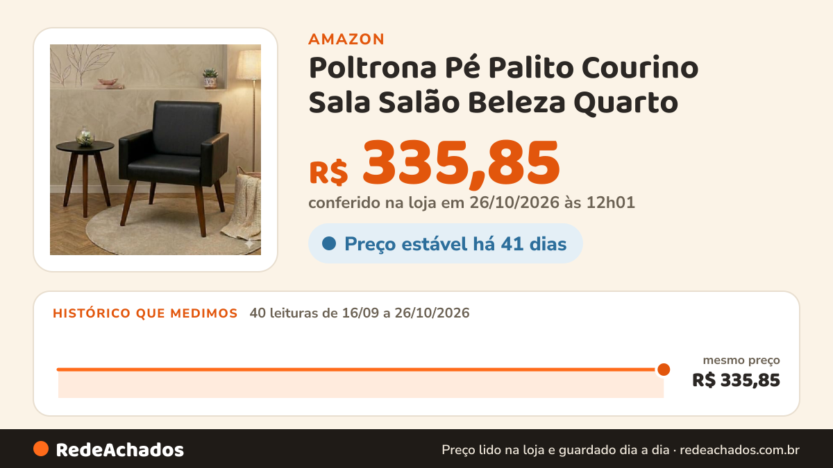 Histórico de preço de Poltrona Pé Palito Courino Sala Salão Beleza Quarto - Elegante e Confortável (Preto) na Amazon: 40 leituras de 16/09/2026 a 26/10/2026, mesmo preço, R$ 335,85, em todas; R$ 335,85 conferido em 26/10/2026 às 12h01