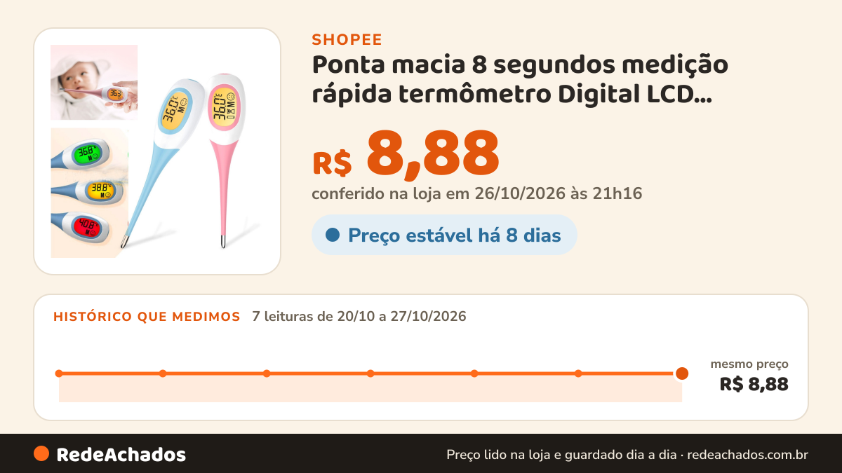 Histórico de preço de Ponta macia 8 segundos medição rápida termômetro Digital LCD doméstico na Shopee: 7 leituras de 20/10/2026 a 27/10/2026, mesmo preço, R$ 8,88, em todas; R$ 8,88 conferido em 26/10/2026 às 21h16