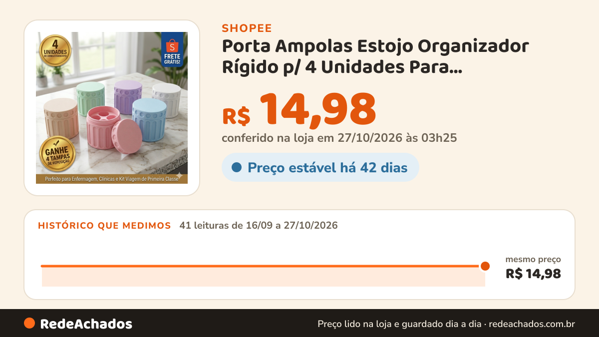 Histórico de preço de Porta Ampolas Estojo Organizador Rígido p/ 4 Unidades Para Medicamentos Injeção Vacina… na Shopee: 41 leituras de 16/09/2026 a 27/10/2026, mesmo preço, R$ 14,98, em todas; R$ 14,98 conferido em 27/10/2026 às 03h25