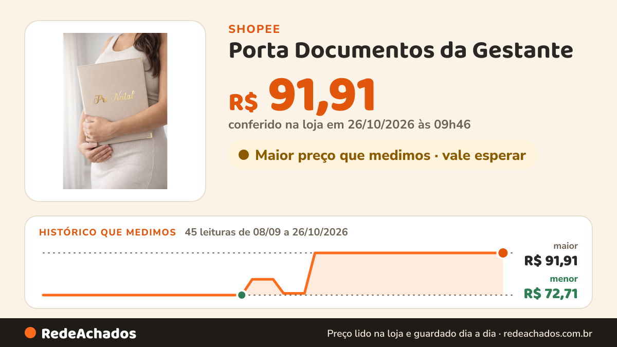 Histórico de preço de Porta Documentos da Gestante / Pasta catálogo / Documentos do bebê / Off White e Dourada na Shopee: 45 leituras de 08/09/2026 a 26/10/2026, menor R$ 72,71, maior R$ 91,91; R$ 91,91 conferido em 26/10/2026 às 09h46