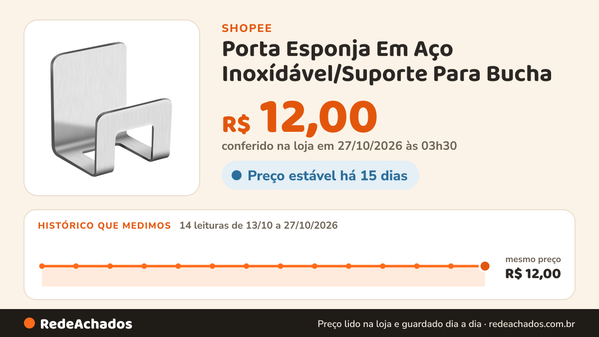 Histórico de preço de Porta Esponja Em Aço Inoxídável/Suporte Para Bucha - Demima na Shopee: 14 leituras de 13/10/2026 a 27/10/2026, mesmo preço, R$ 12,00, em todas; R$ 12,00 conferido em 27/10/2026 às 03h30